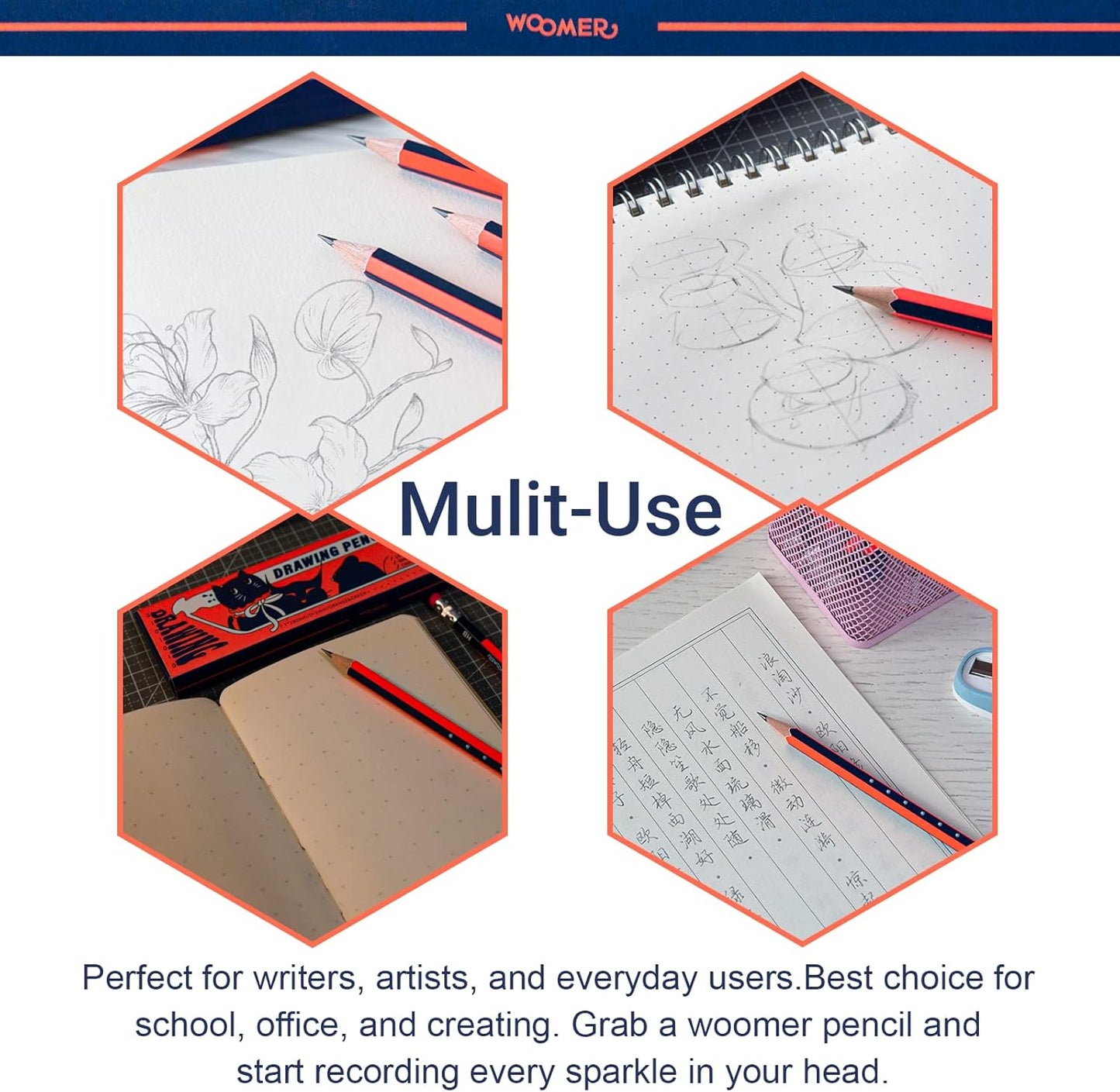 Woomer HB Pencils Set of 10 Pre-sharpened Pencils with Eraser