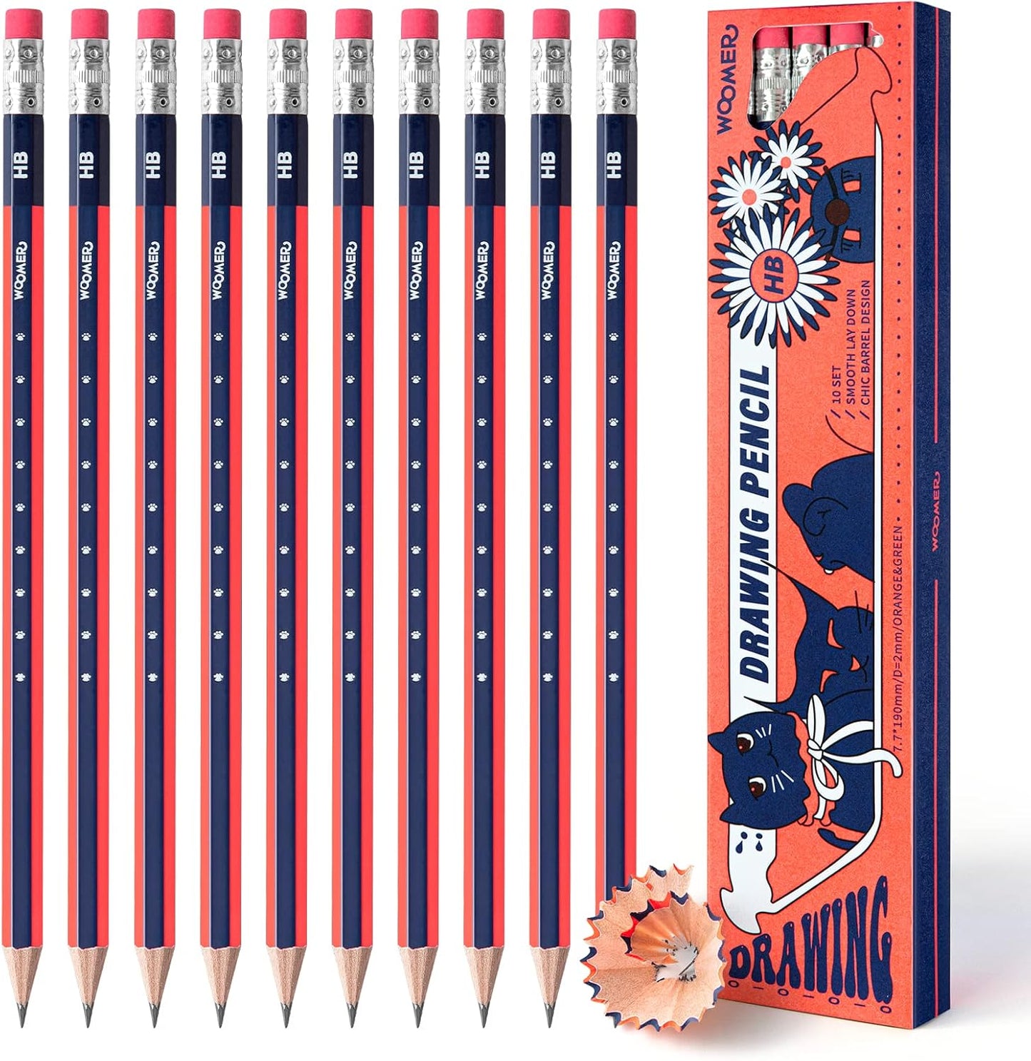 Woomer HB Pencils Set of 10 Pre-sharpened Pencils with Eraser