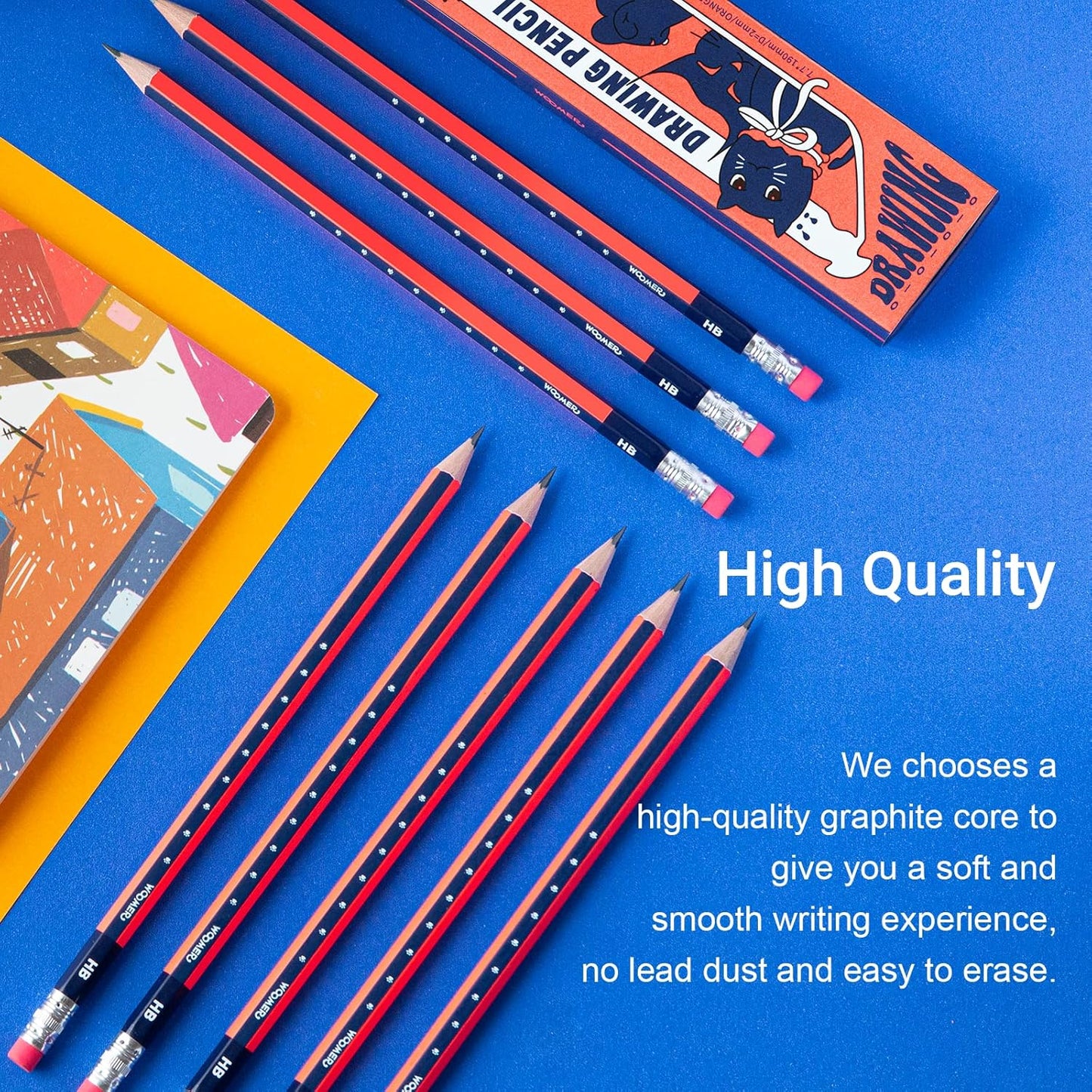 Woomer HB Pencils Set of 10 Pre-sharpened Pencils with Eraser