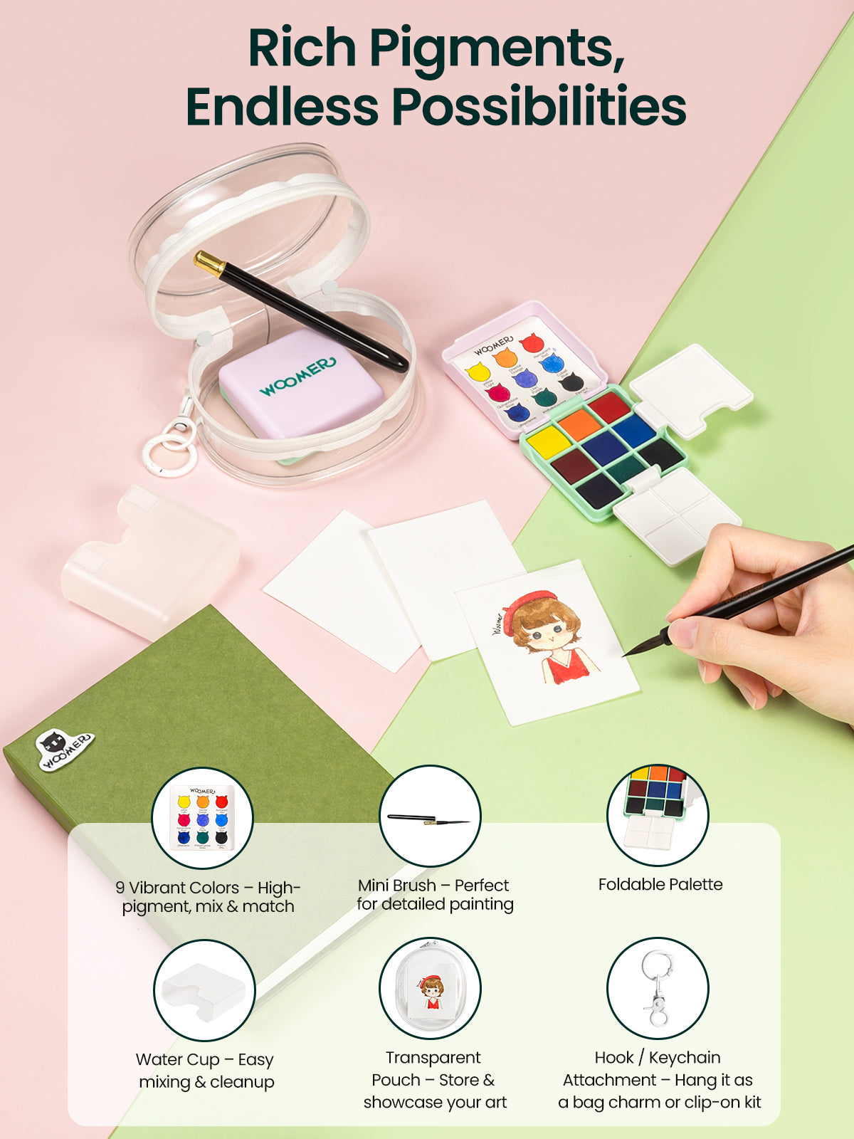Coffret aquarelle de poche Woomer 9 couleurs : kit d'art de voyage portable 