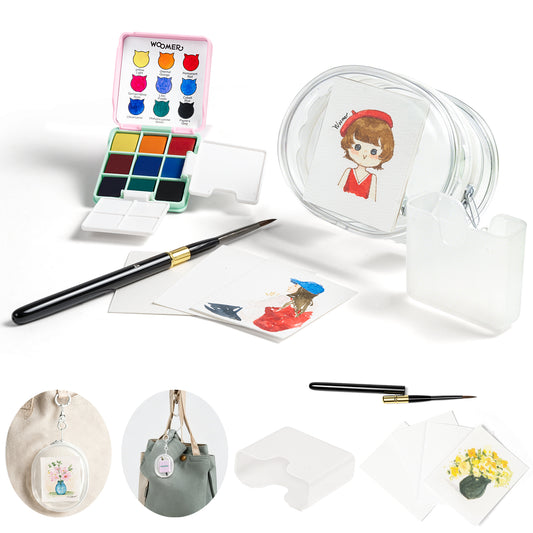 Woomer 9 Colors Pocket Watercolor Paint Set: Travel Art Kit with Magnetic Clip, Transparent Pouch, Folding Brush & Water Cup