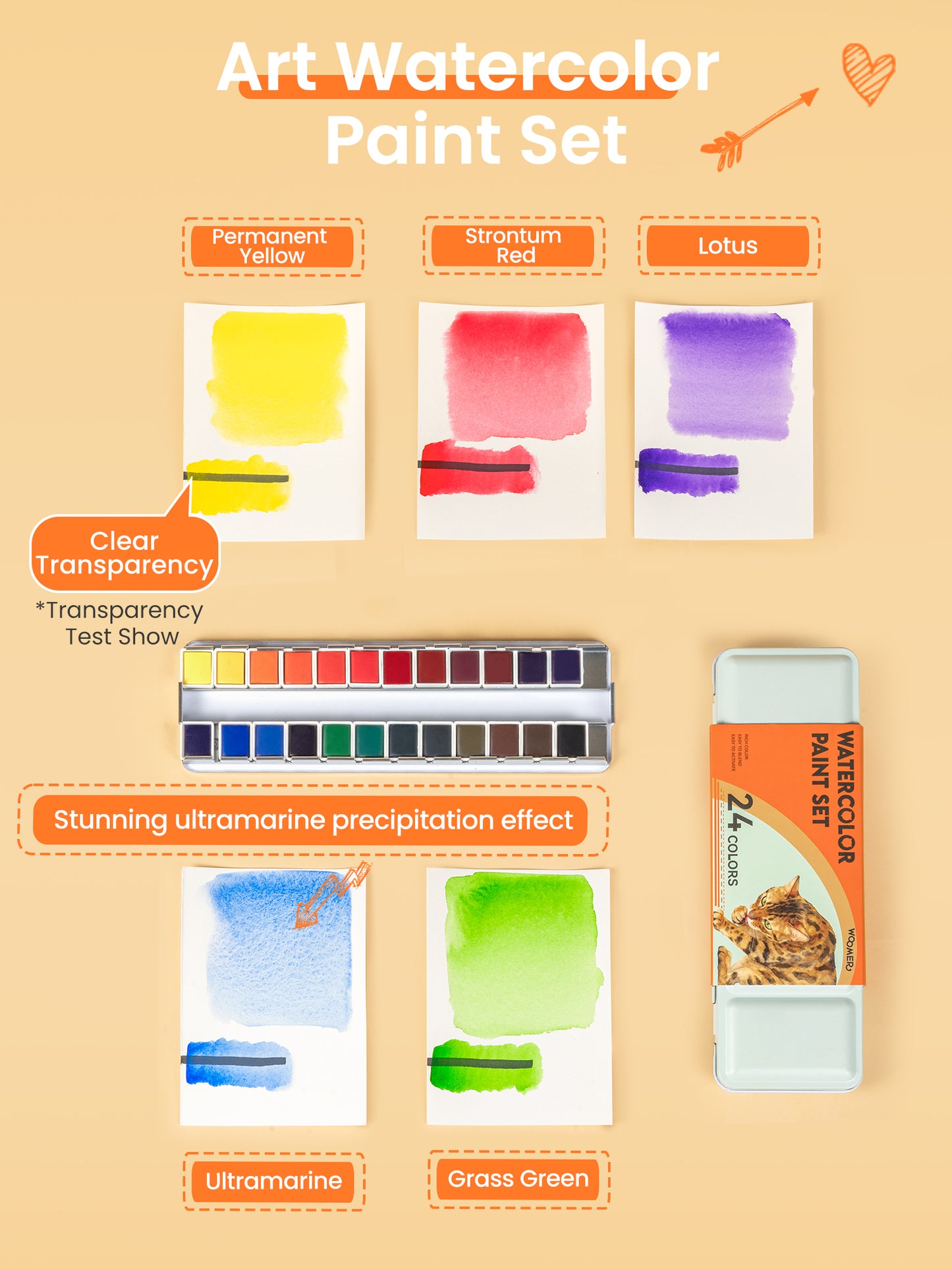 Woomer 24 Watercolor Paint Set - Solid Transparent Watercolor Paint for Professional