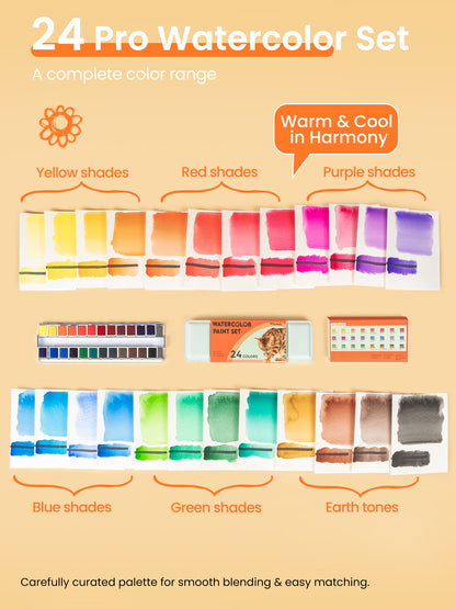 Woomer 24 Watercolor Paint Set - Solid Transparent Watercolor Paint for Professional