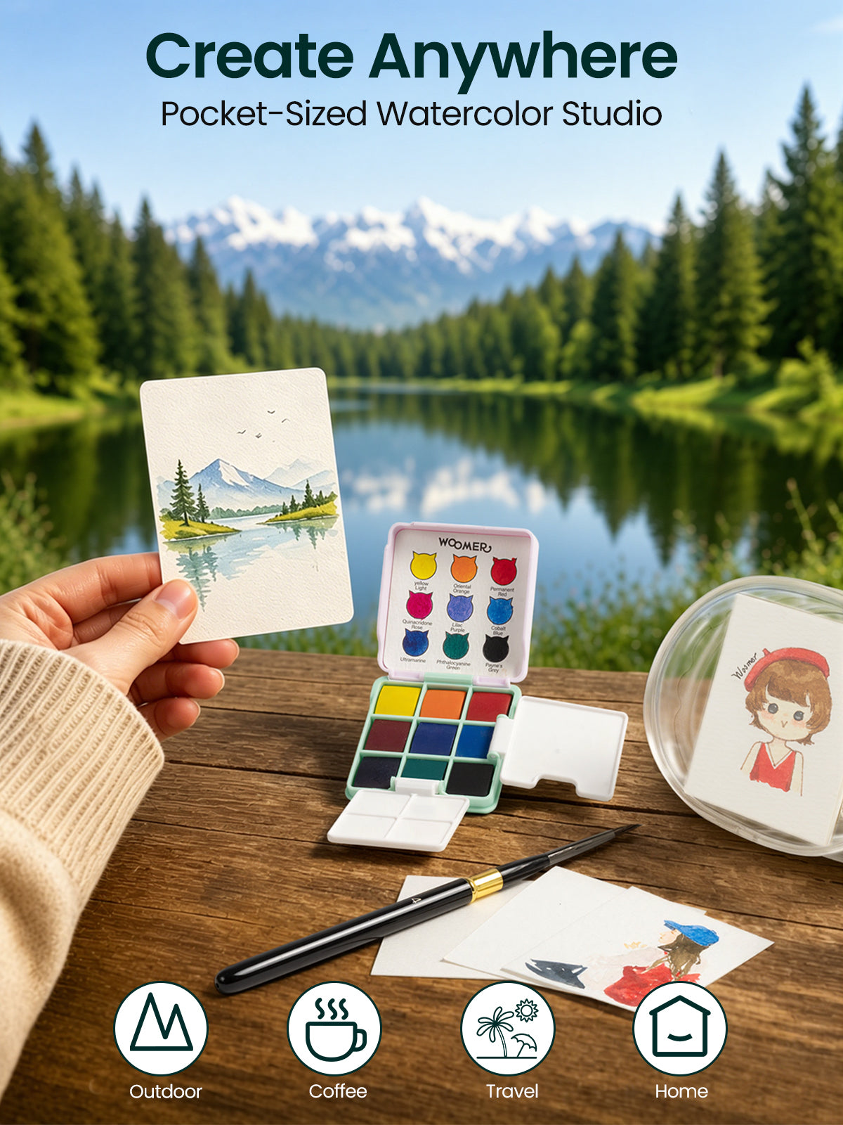 Coffret aquarelle de poche Woomer 9 couleurs : kit d'art de voyage portable 