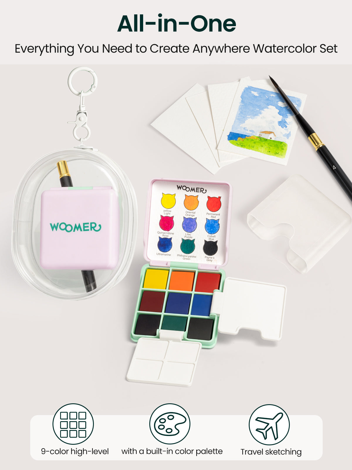 Coffret aquarelle de poche Woomer 9 couleurs : kit d'art de voyage portable 