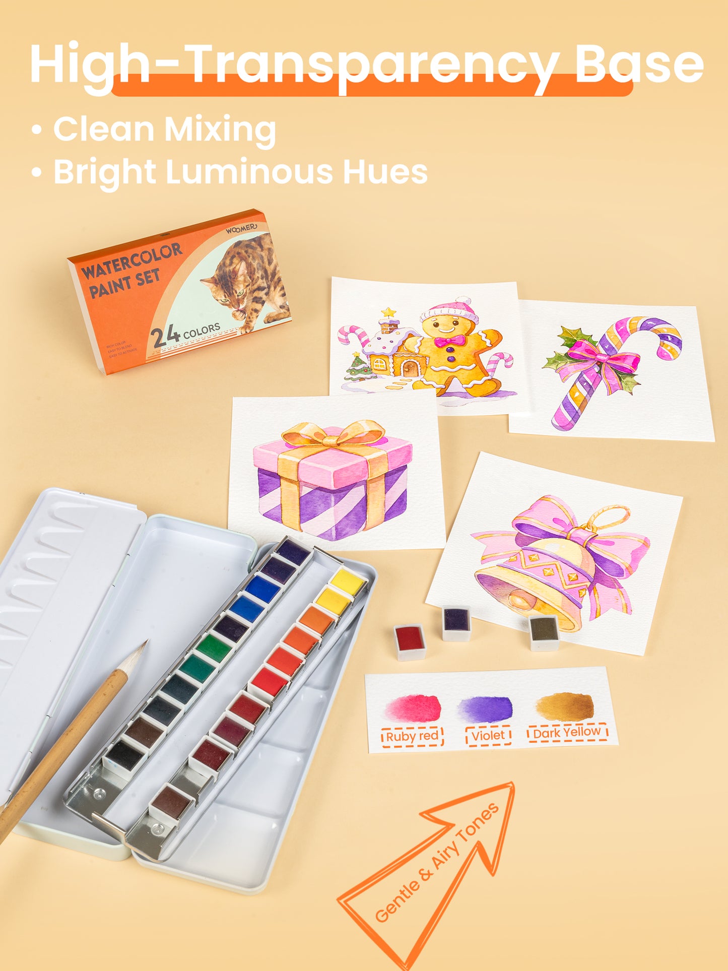 Woomer 24 Watercolor Paint Set - Solid Transparent Watercolor Paint for Professional