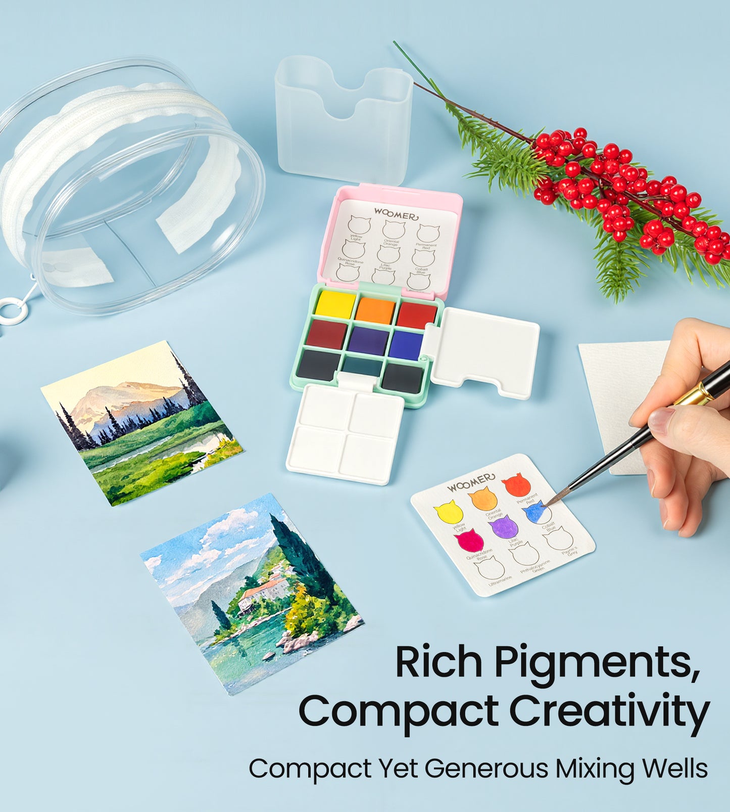 Set de acuarelas de bolsillo Woomer de 9 colores: kit de arte portátil para viajes 