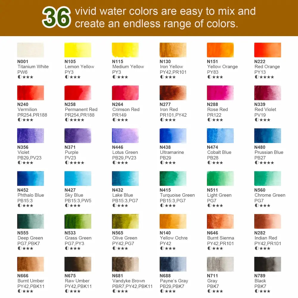 Set de acuarela Woomer de 36 colores vivos con pincel de agua y 10 papeles de acuarela de 32 k de grado artístico 