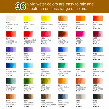 Set de acuarela Woomer de 36 colores vivos con pincel de agua y 10 papeles de acuarela de 32 k de grado artístico 