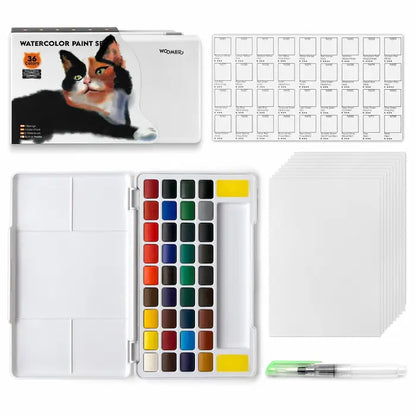 Set de acuarela Woomer de 36 colores vivos con pincel de agua y 10 papeles de acuarela de 32 k de grado artístico 